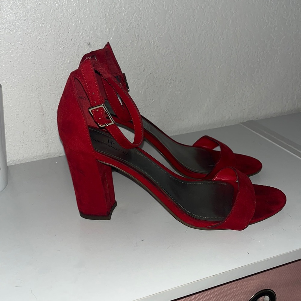 washington brand red suede heels, worn three times, size 8.